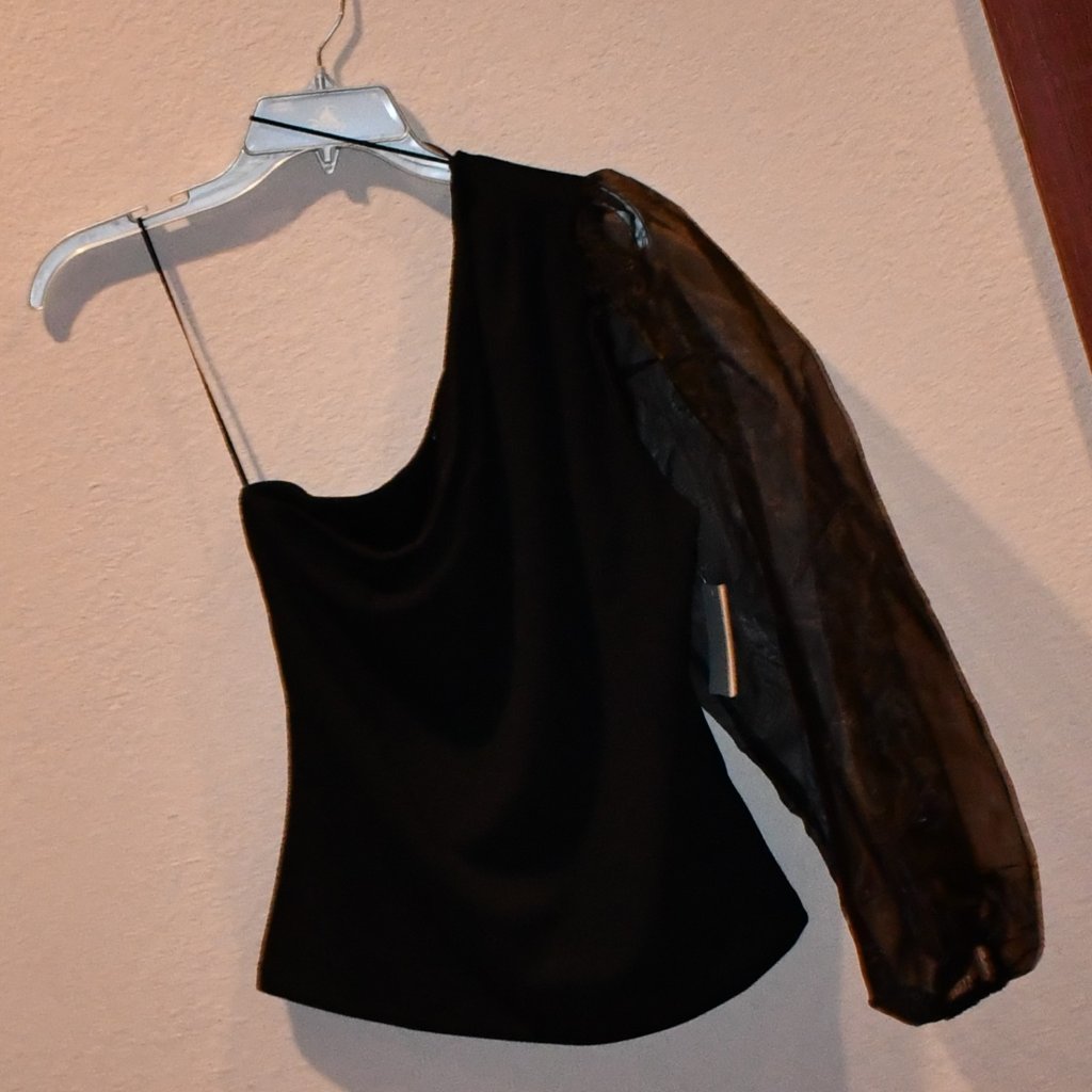 The Line Of Style Women's Black One Shoulder Puff Sheer Sleeve Shirt Nwt Sz L